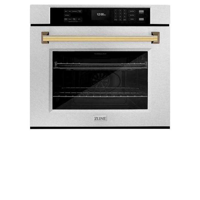 ZLINE Autograph Edition 30 in. Professional True Convection Single Wall Oven with Air Fry and Self Clean in DuraSnow® Stainless Steel with Polished Gold Handle (WASSZ-30-G)