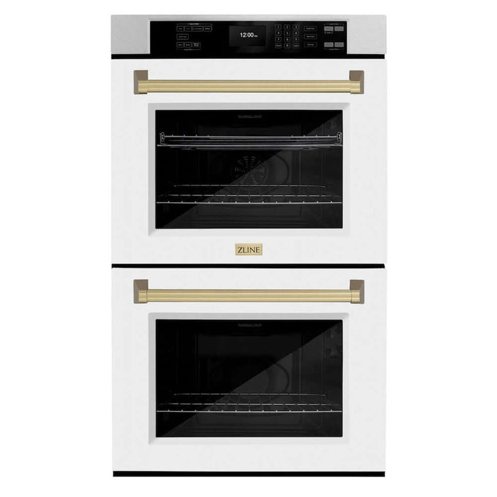 ZLINE Autograph Edition 30 in. Professional True Convection Double Wall Oven with Air Fry and Self Clean in DuraSnow® Stainless Steel with White Matte Doors and Champagne Bronze Handles (WADSZ-WM-30-CB)