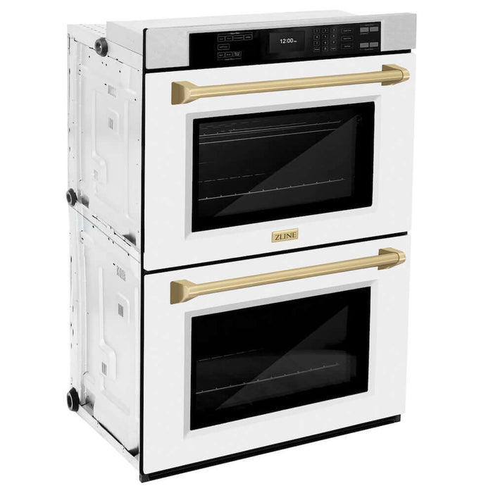 ZLINE Autograph Edition 30 in. Professional True Convection Double Wall Oven with Air Fry and Self Clean in DuraSnow® Stainless Steel with White Matte Doors and Champagne Bronze Handles (WADSZ-WM-30-CB)