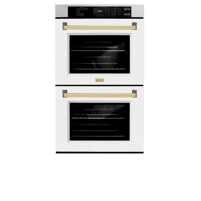 ZLINE Autograph Edition 30 in. Professional True Convection Double Wall Oven with Air Fry and Self Clean in DuraSnow® Stainless Steel with White Matte Doors and Polished Gold Handles (WADSZ-WM-30-G)