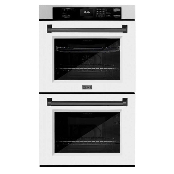 ZLINE Autograph Edition 30 in. Professional True Convection Double Wall Oven with Air Fry and Self Clean in DuraSnow® Stainless Steel with White Matte Doors and Matte Black Handles (WADSZ-WM-30-MB)