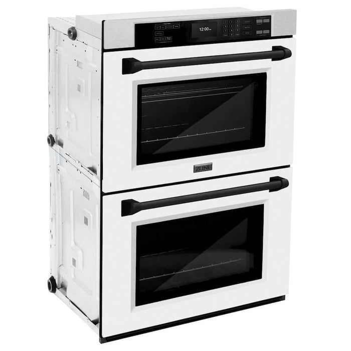 ZLINE Autograph Edition 30 in. Professional True Convection Double Wall Oven with Air Fry and Self Clean in DuraSnow® Stainless Steel with White Matte Doors and Matte Black Handles (WADSZ-WM-30-MB)