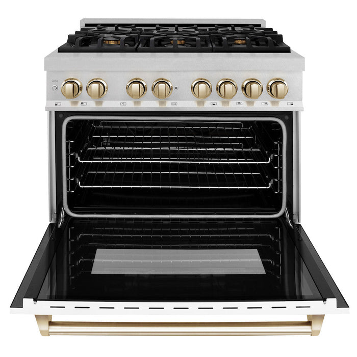 ZLINE Autograph Edition 36 in. 4.6 cu. ft. Dual Fuel Range with Gas Stove and Electric Oven in Fingerprint Resistant Stainless Steel with White Matte Door and Polished Gold Accents (RASZ-WM-36-G)