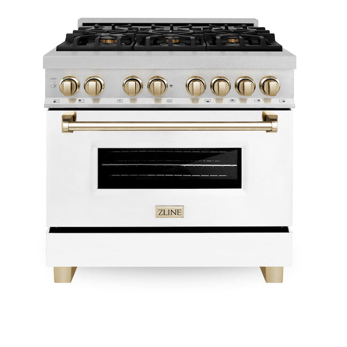 ZLINE Autograph Edition 36 in. 4.6 cu. ft. Dual Fuel Range with Gas Stove and Electric Oven in Fingerprint Resistant Stainless Steel with White Matte Door and Polished Gold Accents (RASZ-WM-36-G)