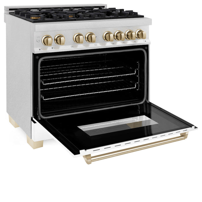 ZLINE Autograph Edition 36 in. 4.6 cu. ft. Dual Fuel Range with Gas Stove and Electric Oven in Fingerprint Resistant Stainless Steel with White Matte Door and Polished Gold Accents (RASZ-WM-36-G)