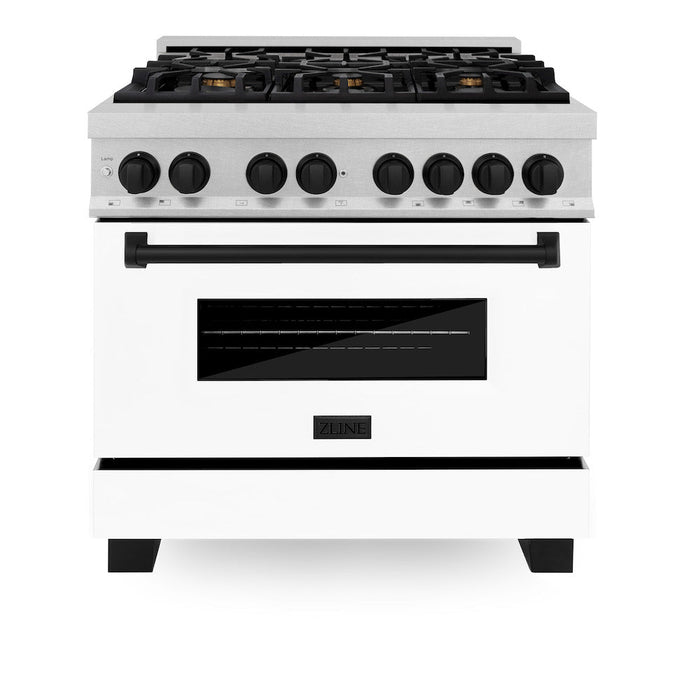 ZLINE Autograph Edition 36 in. 4.6 cu. ft. Dual Fuel Range with Gas Stove and Electric Oven in Fingerprint Resistant Stainless Steel with White Matte Door and Matte Black Accents (RASZ-WM-36-MB)