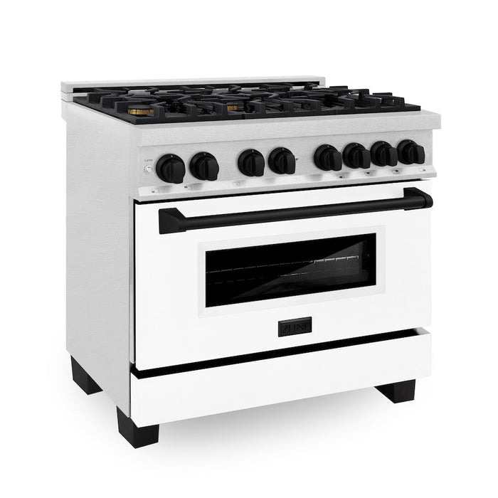 ZLINE Autograph Edition 36 in. 4.6 cu. ft. Dual Fuel Range with Gas Stove and Electric Oven in Fingerprint Resistant Stainless Steel with White Matte Door and Matte Black Accents (RASZ-WM-36-MB)