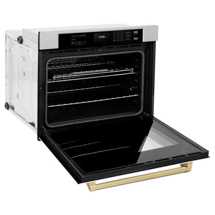 ZLINE Autograph Edition 30 in. Professional True Convection Single Wall Oven with Air Fry and Self Clean in DuraSnow® Stainless Steel with White Matte Door and Champagne Bronze Handle (WASSZ-WM-30-CB)