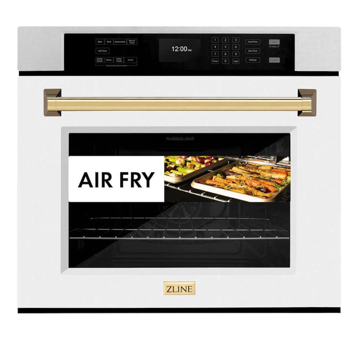 ZLINE Autograph Edition 30 in. Professional True Convection Single Wall Oven with Air Fry and Self Clean in DuraSnow® Stainless Steel with White Matte Door and Polished Gold Handle (WASSZ-WM-30-G)