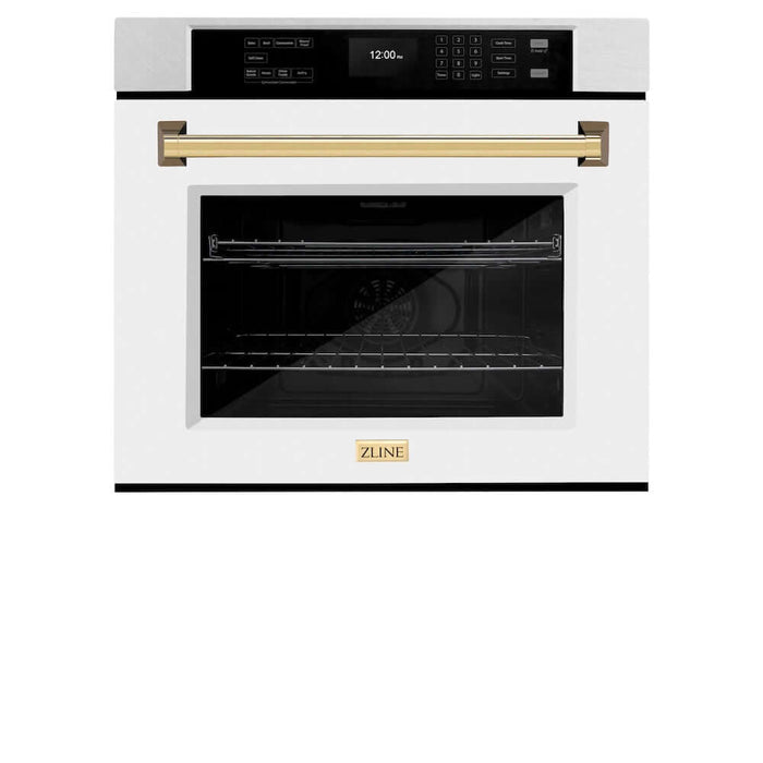 ZLINE Autograph Edition 30 in. Professional True Convection Single Wall Oven with Air Fry and Self Clean in DuraSnow® Stainless Steel with White Matte Door and Polished Gold Handle (WASSZ-WM-30-G)