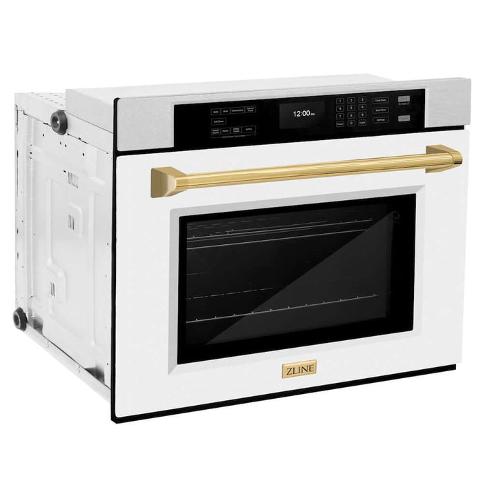 ZLINE Autograph Edition 30 in. Professional True Convection Single Wall Oven with Air Fry and Self Clean in DuraSnow® Stainless Steel with White Matte Door and Polished Gold Handle (WASSZ-WM-30-G)