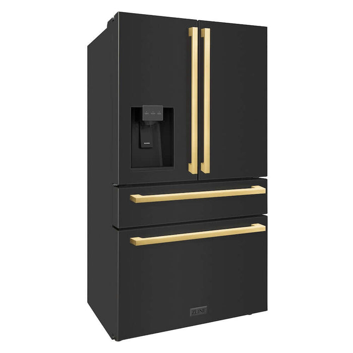 ZLINE 36 in. Autograph Edition 21.6 cu. ft 4-Door French Door Refrigerator with Water and Ice Dispenser in Black Stainless Steel with Polished Gold Modern Handles (RFMZ-W-36-BS-FG)