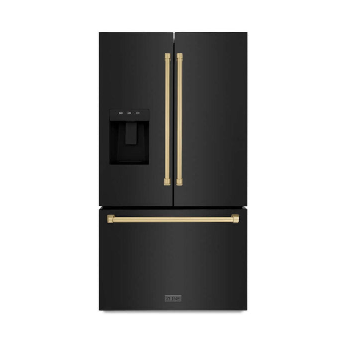 ZLINE Autograph Edition 36 in. 28.9 cu. ft. Standard-Depth French Door External Water Dispenser Refrigerator with Dual Ice Maker in Black Stainless Steel and Champagne Bronze Traditional Handles (RSMZ-W-36-BS-CB)