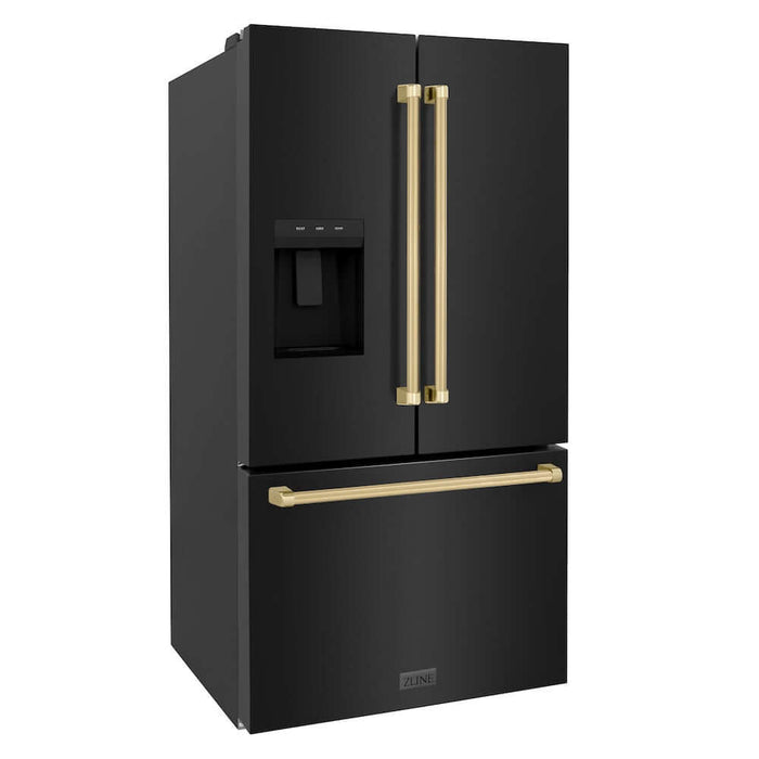 ZLINE Autograph Edition 36 in. 28.9 cu. ft. Standard-Depth French Door External Water Dispenser Refrigerator with Dual Ice Maker in Black Stainless Steel and Champagne Bronze Traditional Handles (RSMZ-W-36-BS-CB)