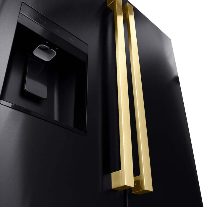 ZLINE Autograph Edition 36 in. 28.9 cu. ft. Standard-Depth French Door External Water Dispenser Refrigerator with Dual Ice Maker in Black Stainless Steel and Polished Gold Modern Handles (RSMZ-W-36-BS-FG)