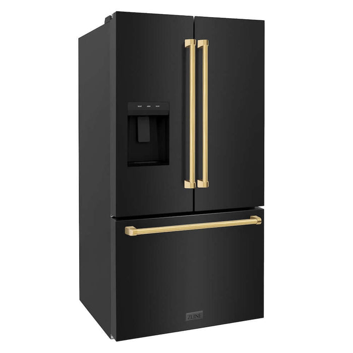 ZLINE Autograph Edition 36 in. 28.9 cu. ft. Standard-Depth French Door External Water Dispenser Refrigerator with Dual Ice Maker in Black Stainless Steel and Polished Gold Traditional Handles (RSMZ-W-36-BS-G)