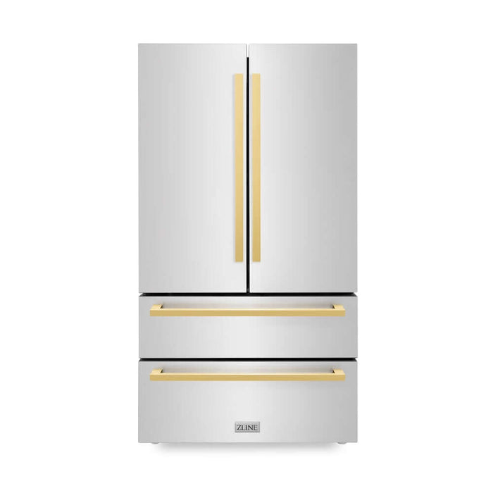 ZLINE 36 in. Autograph Edition 22.5 cu. ft 4-Door French Door Refrigerator with Ice Maker in Stainless Steel with Polished Gold Modern Handles (RFMZ-36-FG)