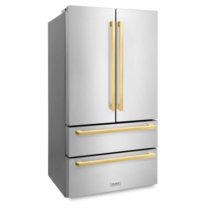 ZLINE 36 in. Autograph Edition 22.5 cu. ft 4-Door French Door Refrigerator with Ice Maker in Stainless Steel with Polished Gold Modern Handles (RFMZ-36-FG)