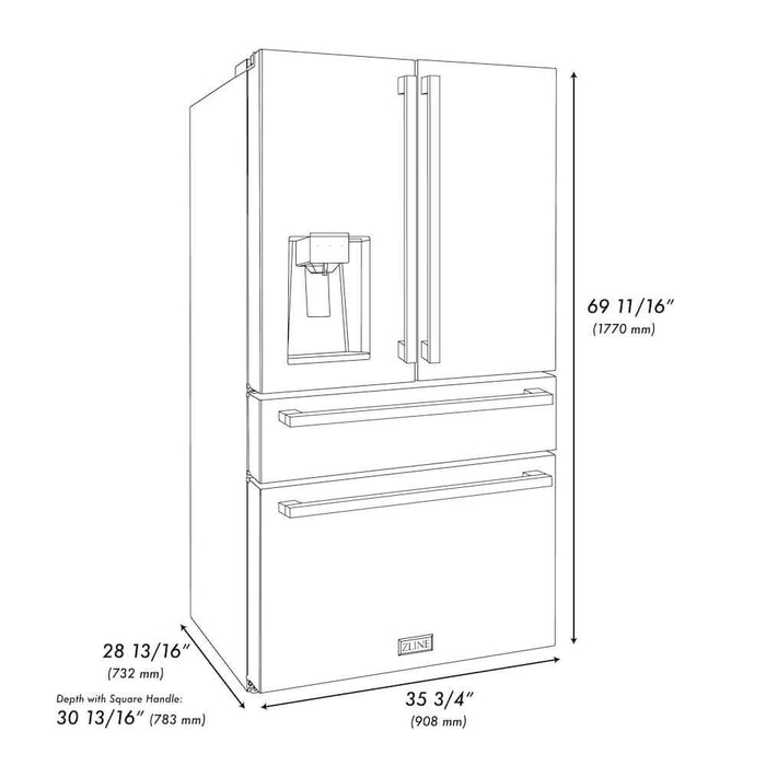 ZLINE 36 in. Autograph Edition 21.6 cu. ft 4-Door French Door Refrigerator with Water and Ice Dispenser in Stainless Steel with Polished Gold Modern Handles (RFMZ-W-36-FG)