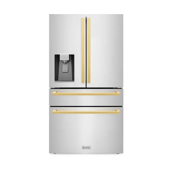 ZLINE 36 in. Autograph Edition 21.6 cu. ft 4-Door French Door Refrigerator with Water and Ice Dispenser in Stainless Steel with Polished Gold Modern Handles (RFMZ-W-36-FG)