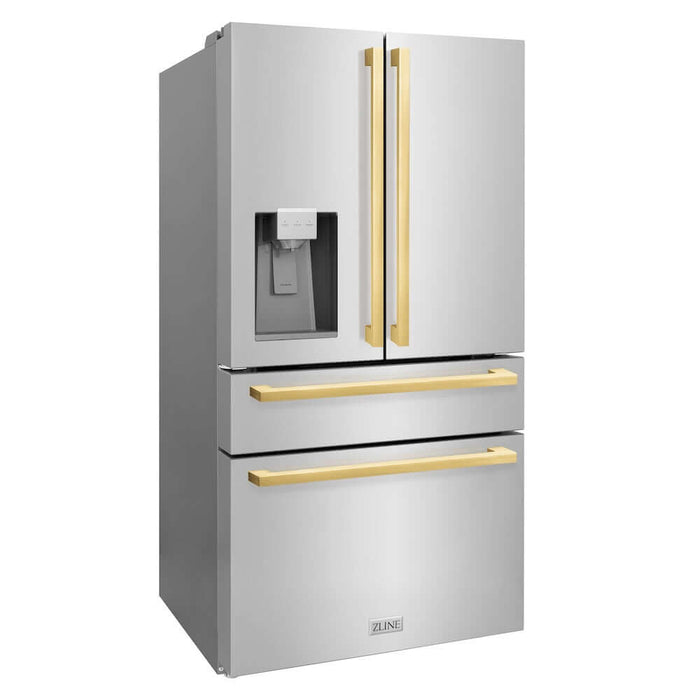 ZLINE 36 in. Autograph Edition 21.6 cu. ft 4-Door French Door Refrigerator with Water and Ice Dispenser in Stainless Steel with Polished Gold Modern Handles (RFMZ-W-36-FG)