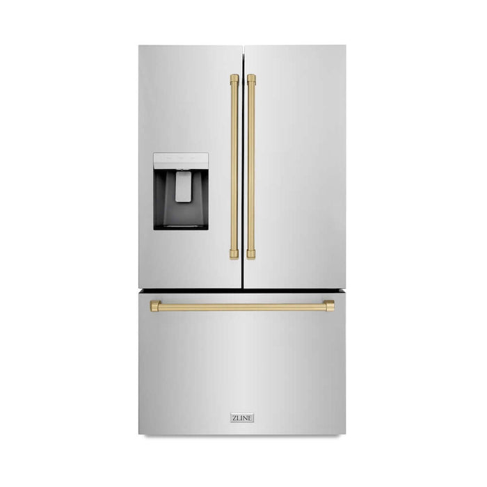 ZLINE Autograph Edition 36 in. 28.9 cu. ft. Standard-Depth French Door External Water Dispenser Refrigerator with Dual Ice Maker in Fingerprint Resistant Stainless Steel and Champagne Bronze Traditional Handles (RSMZ-W-36-CB)