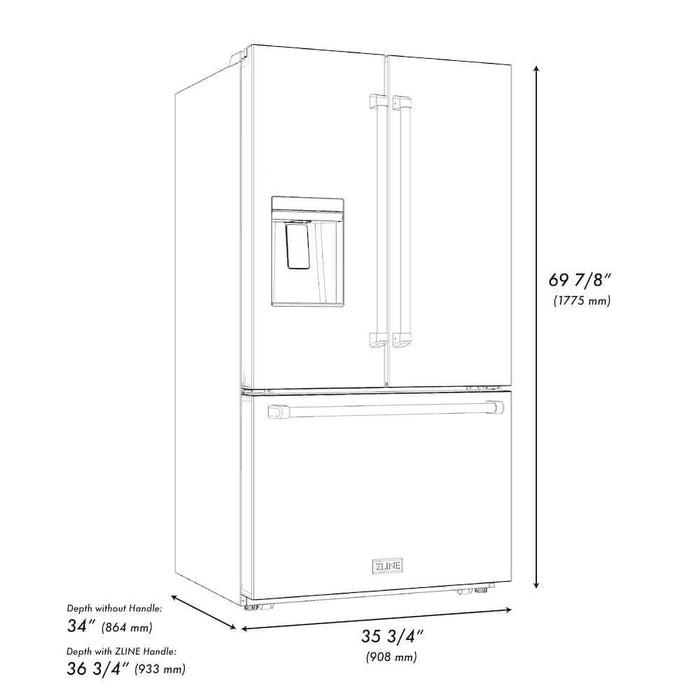 ZLINE Autograph Edition 36 in. 28.9 cu. ft. Standard-Depth French Door External Water Dispenser Refrigerator with Dual Ice Maker in Fingerprint Resistant Stainless Steel and Polished Gold Traditional Handles (RSMZ-W-36-G)