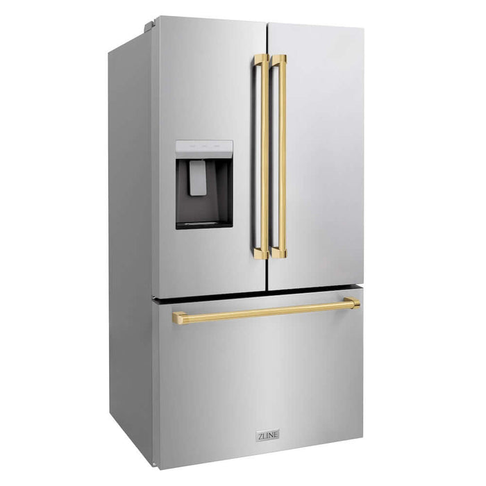 ZLINE Autograph Edition 36 in. 28.9 cu. ft. Standard-Depth French Door External Water Dispenser Refrigerator with Dual Ice Maker in Fingerprint Resistant Stainless Steel and Polished Gold Traditional Handles (RSMZ-W-36-G)