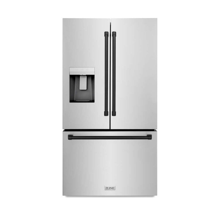 ZLINE Autograph Edition 36 in. 28.9 cu. ft. Standard-Depth French Door External Water Dispenser Refrigerator with Dual Ice Maker in Fingerprint Resistant Stainless Steel and Matte Black Traditional Handles (RSMZ-W-36-MB)