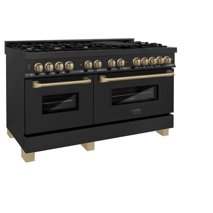 ZLINE Autograph Edition 60 in. 7.4 cu. ft. Dual Fuel Range with Gas Stove and Electric Oven in Black Stainless Steel with Champagne Bronze Accents (RABZ-60-CB)