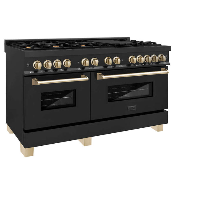 ZLINE Autograph Edition 60 in. 7.4 cu. ft. Dual Fuel Range with Gas Stove and Electric Oven in Black Stainless Steel with Polished Gold Accents (RABZ-60-G)