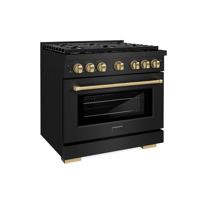 ZLINE Autograph Edition 36 in. 5.2 cu. ft. Paramount Dual Fuel Range with 6 Burner Gas Cooktop and Electric Convection Oven in Black Stainless Steel with Champagne Bronze Accents (SDRBZ-36-CB)