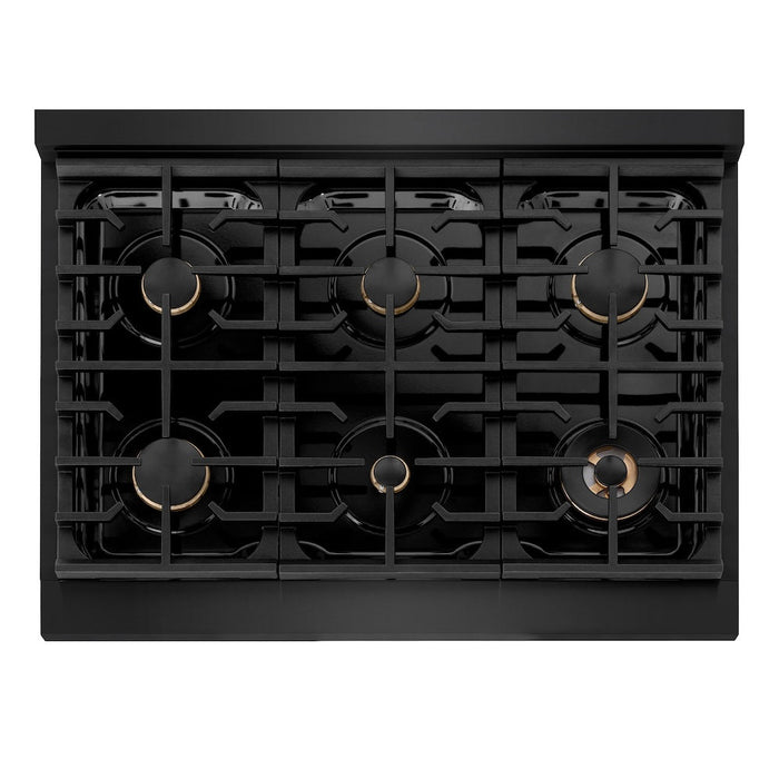 ZLINE Autograph Edition 36 in. 5.2 cu. ft. Paramount Dual Fuel Range with 6 Burner Gas Cooktop and Electric Convection Oven in Black Stainless Steel with Champagne Bronze Accents (SDRBZ-36-CB)