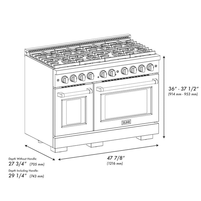 ZLINE Autograph Edition 48 in. 6.7 cu. ft. Paramount Double Oven Dual Fuel Range with 8 Burner Gas Cooktop in Black Stainless Steel and Polished Gold Accents (SDRBZ-48-G)