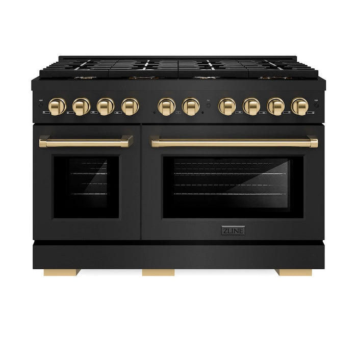 ZLINE Autograph Edition 48 in. 6.7 cu. ft. Paramount Double Oven Dual Fuel Range with 8 Burner Gas Cooktop in Black Stainless Steel and Polished Gold Accents (SDRBZ-48-G)