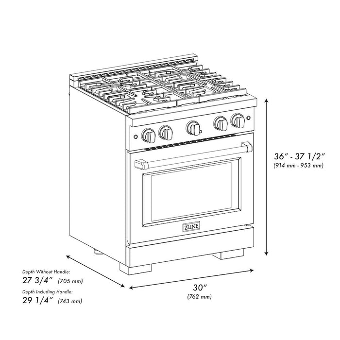 ZLINE Autograph Edition 30 in. 4.2 cu. ft. Paramount Gas Range with 4 Burner Cooktop and Convection Gas Oven in Black Stainless Steel and Polished Gold Accents (SGRBZ-30-G)