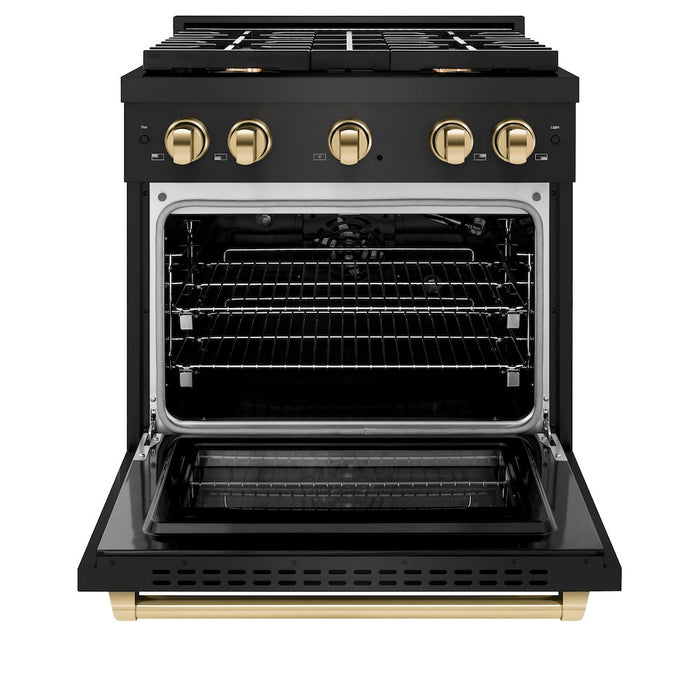 ZLINE Autograph Edition 30 in. 4.2 cu. ft. Paramount Gas Range with 4 Burner Cooktop and Convection Gas Oven in Black Stainless Steel and Polished Gold Accents (SGRBZ-30-G)