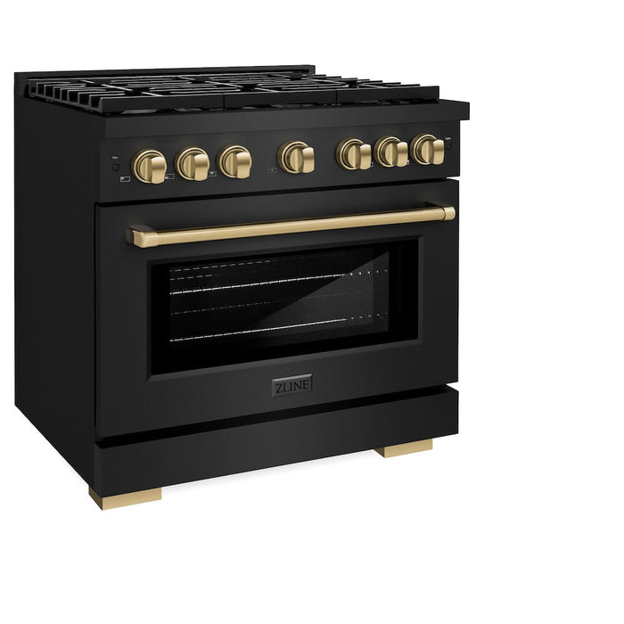 ZLINE Autograph Edition 36 in. 5.2 cu. ft. Paramount Gas Range with 6 Burner Cooktop and Convection Gas Oven in Black Stainless Steel and Champagne Bronze Accents (SGRBZ-36-CB)