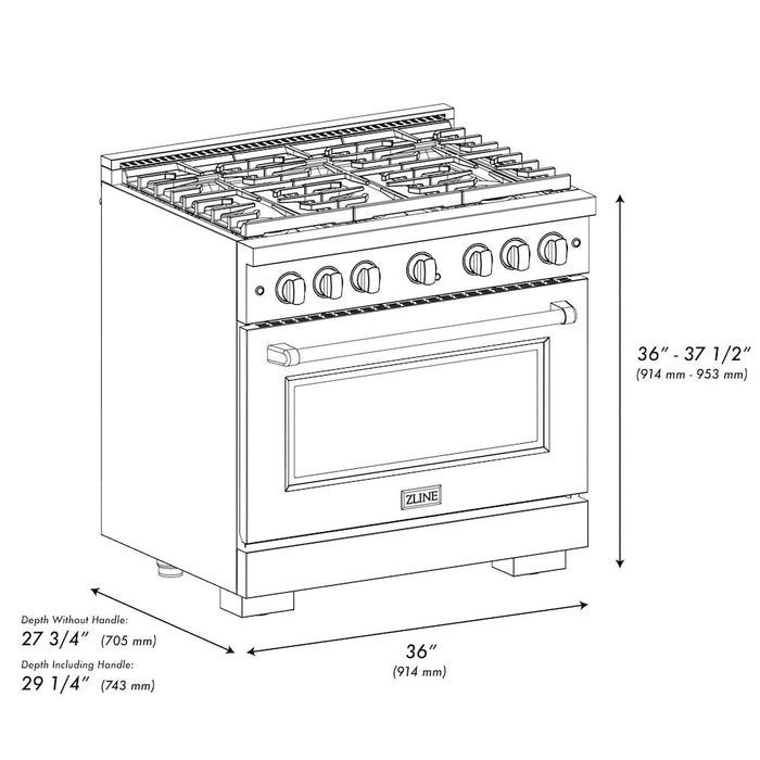 ZLINE Autograph Edition 36 in. 5.2 cu. ft. Paramount Gas Range with 6 Burner Cooktop and Convection Gas Oven in Black Stainless Steel and Polished Gold Accents (SGRBZ-36-G)