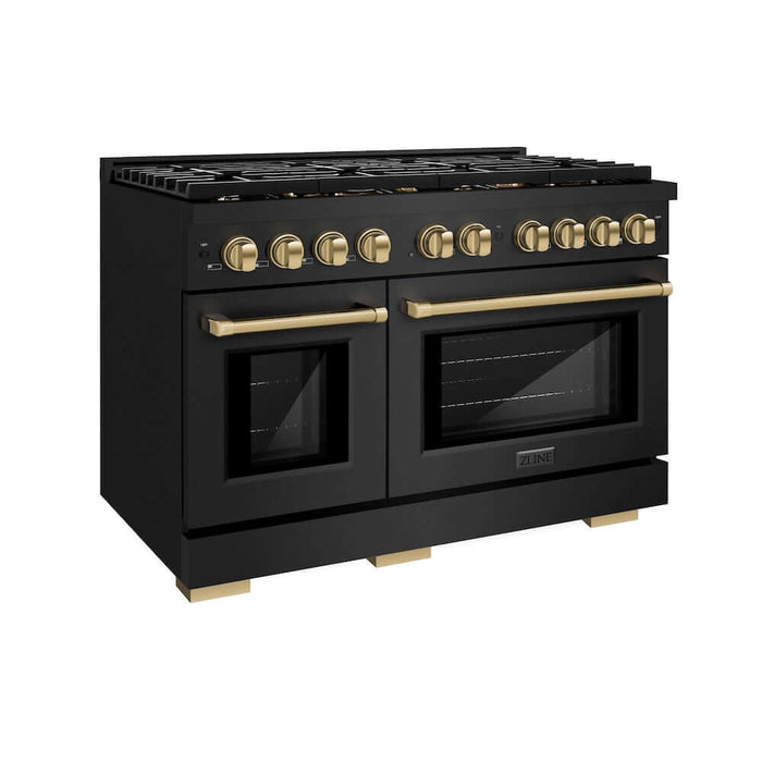 ZLINE Autograph Edition 48 in. 6.7 cu. ft. Paramount Double Oven Gas Range with 8 Burner Cooktop in Black Stainless Steel and Champagne Bronze Accents (SGRBZ-48-CB)