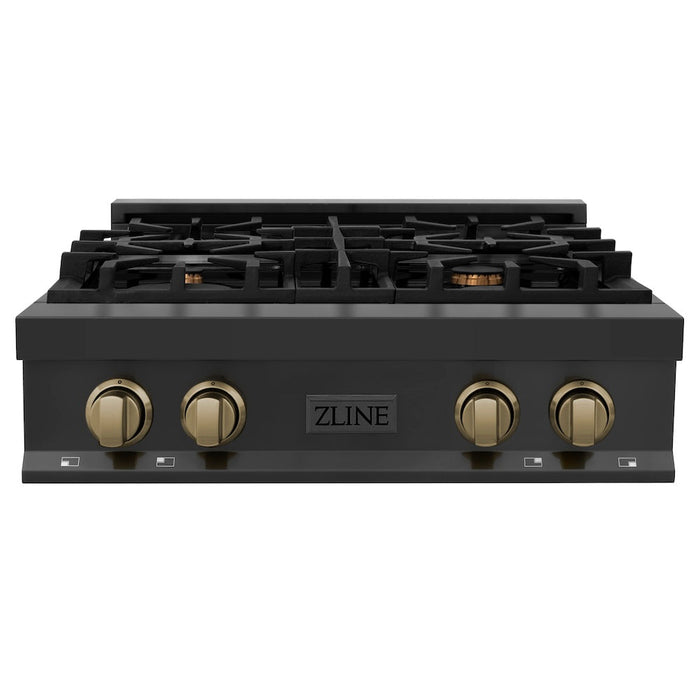 ZLINE Autograph Edition 30 in. Porcelain Rangetop with 4 Gas Burners in Black Stainless Steel and Champagne Bronze Accents (RTBZ-30-CB)