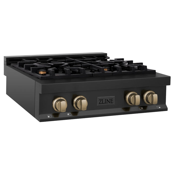 ZLINE Autograph Edition 30 in. Porcelain Rangetop with 4 Gas Burners in Black Stainless Steel and Champagne Bronze Accents (RTBZ-30-CB)