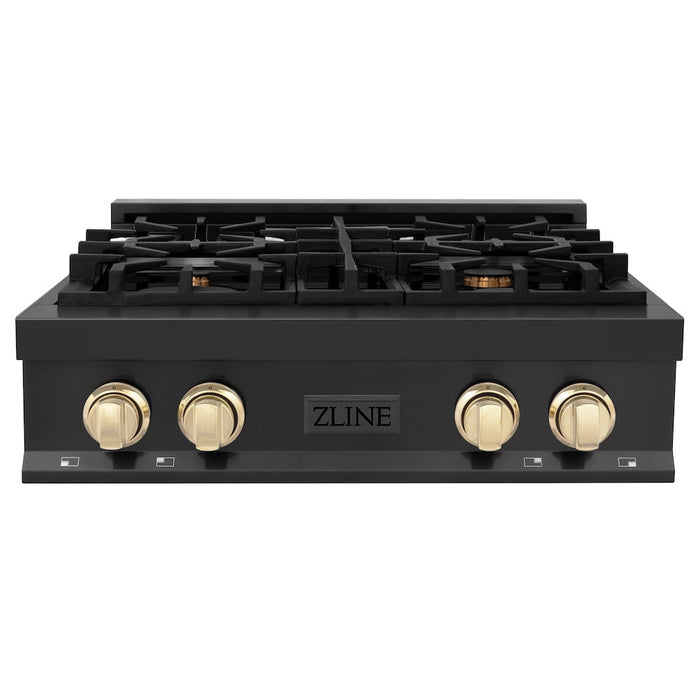 ZLINE Autograph Edition 30 in. Porcelain Rangetop with 4 Gas Burners in Black Stainless Steel and Polished Gold Accents (RTBZ-30-G)