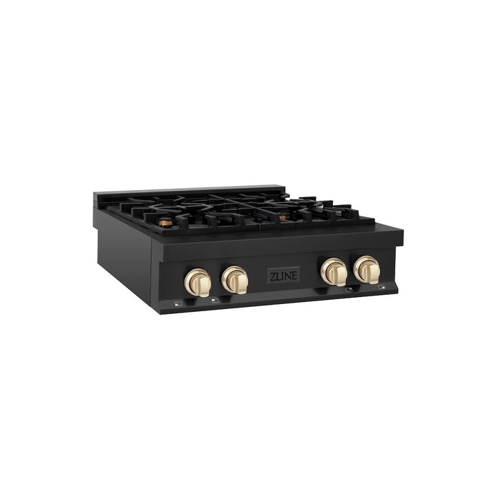 ZLINE Autograph Edition 30 in. Porcelain Rangetop with 4 Gas Burners in Black Stainless Steel and Polished Gold Accents (RTBZ-30-G)