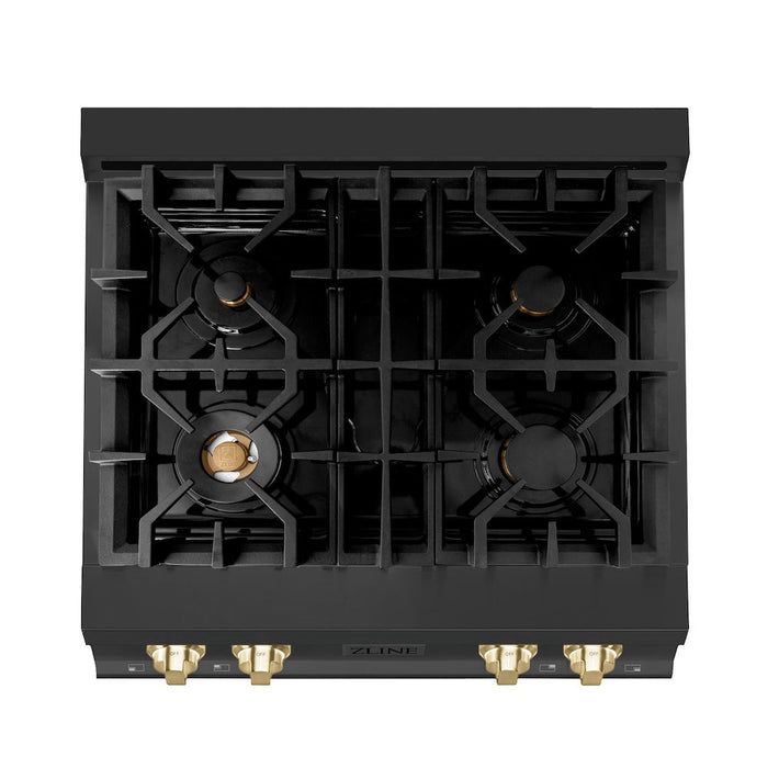 ZLINE Autograph Edition 30 in. Porcelain Rangetop with 4 Gas Burners in Black Stainless Steel and Polished Gold Accents (RTBZ-30-G)