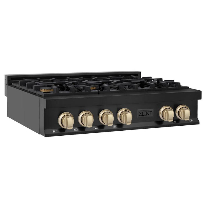 ZLINE Autograph Edition 36 in. Porcelain Rangetop with 6 Gas Burners in Black Stainless Steel and Polished Gold Accents (RTBZ-36-G)