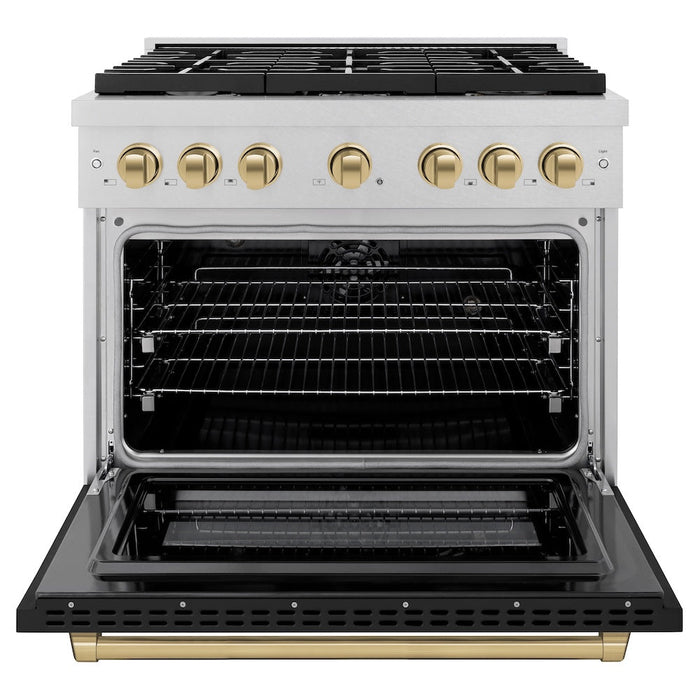 ZLINE Autograph Edition 36 in. 5.2 cu. ft. Paramount Dual Fuel Range with 6 Burner Gas Cooktop and Electric Convection Oven in DuraSnow® Stainless Steel with Black Matte Door and Champagne Bronze Accents (SDRSZ-BLM-36-CB)