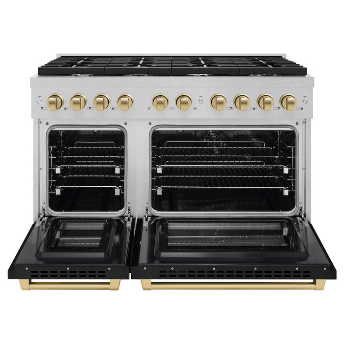 ZLINE Autograph Edition 48 in. 6.7 cu. ft. Paramount Double Oven Dual Fuel Range with 8 Burner Gas Cooktop in DuraSnow® Stainless Steel with Black Matte Door and Champagne Bronze Accents (SDRSZ-BLM-48-CB)