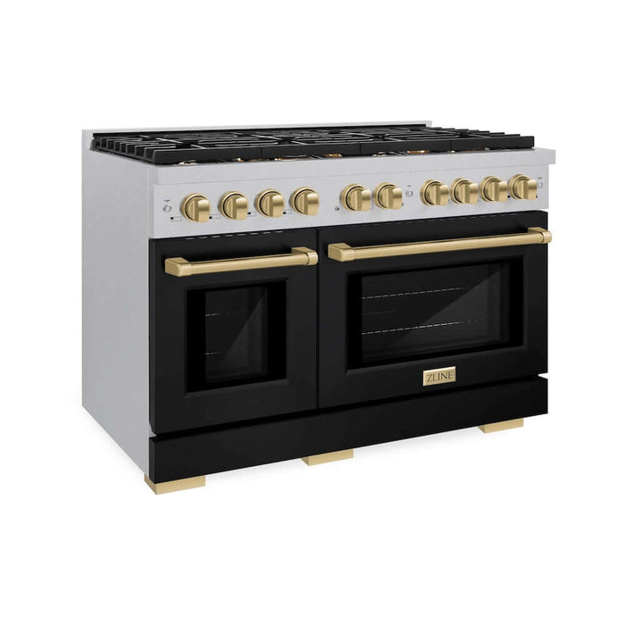 ZLINE Autograph Edition 48 in. 6.7 cu. ft. Paramount Double Oven Gas Range with 8 Burner Cooktop in DuraSnow® Stainless Steel with Black Matte Doors and Champagne Bronze Accents (SGRSZ-BLM-48-CB)