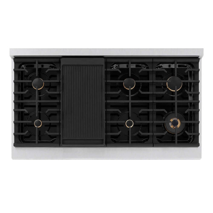 ZLINE Autograph Edition 48 in. 6.7 cu. ft. Paramount Double Oven Gas Range with 8 Burner Cooktop in DuraSnow® Stainless Steel with Black Matte Doors and Champagne Bronze Accents (SGRSZ-BLM-48-CB)